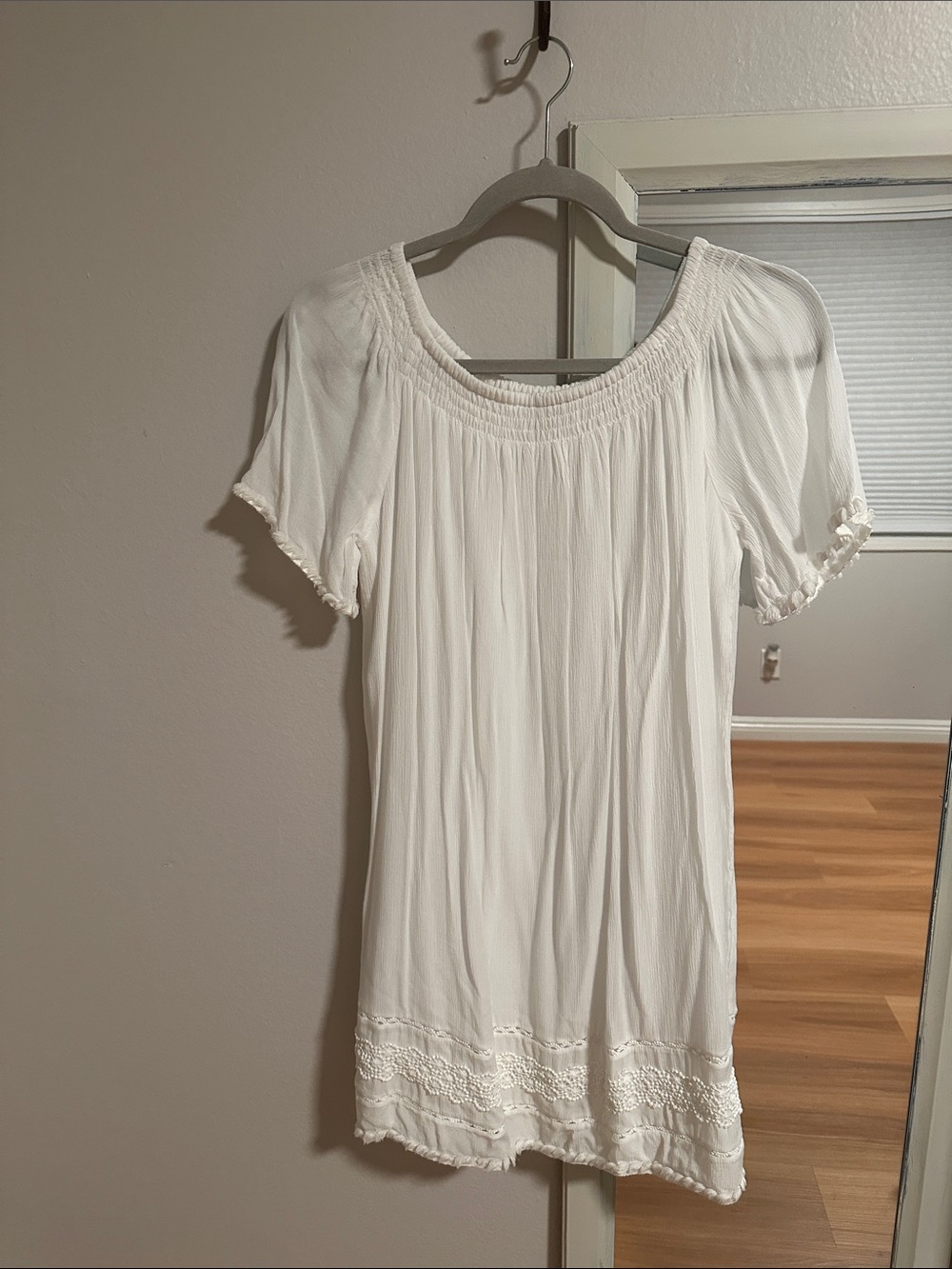 LOFT White Smocked Neck Lace-Trim Midi Dress